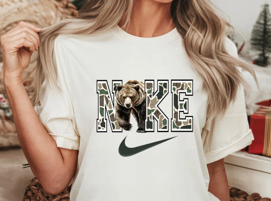 #384a Nike camo swoosh with bear