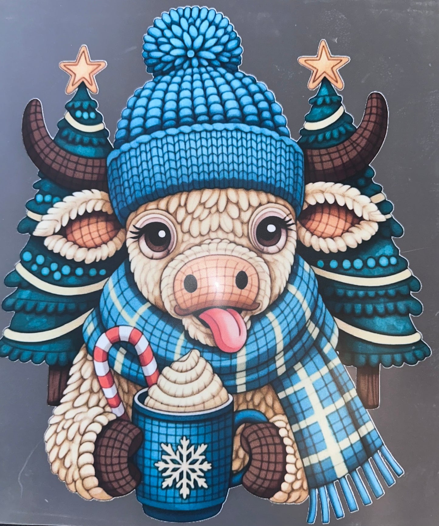 #96A Yarn cow with hot chocolate